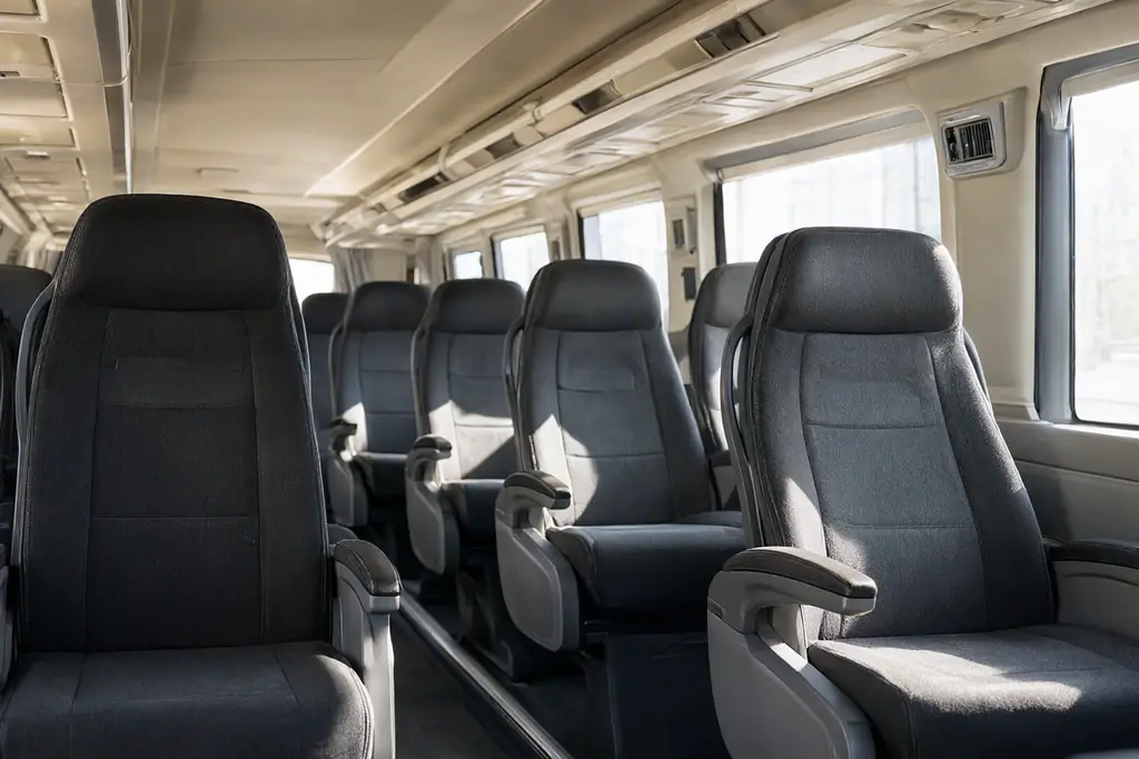 Interior of a modern Bilal Travels coach with rows of reclining seats