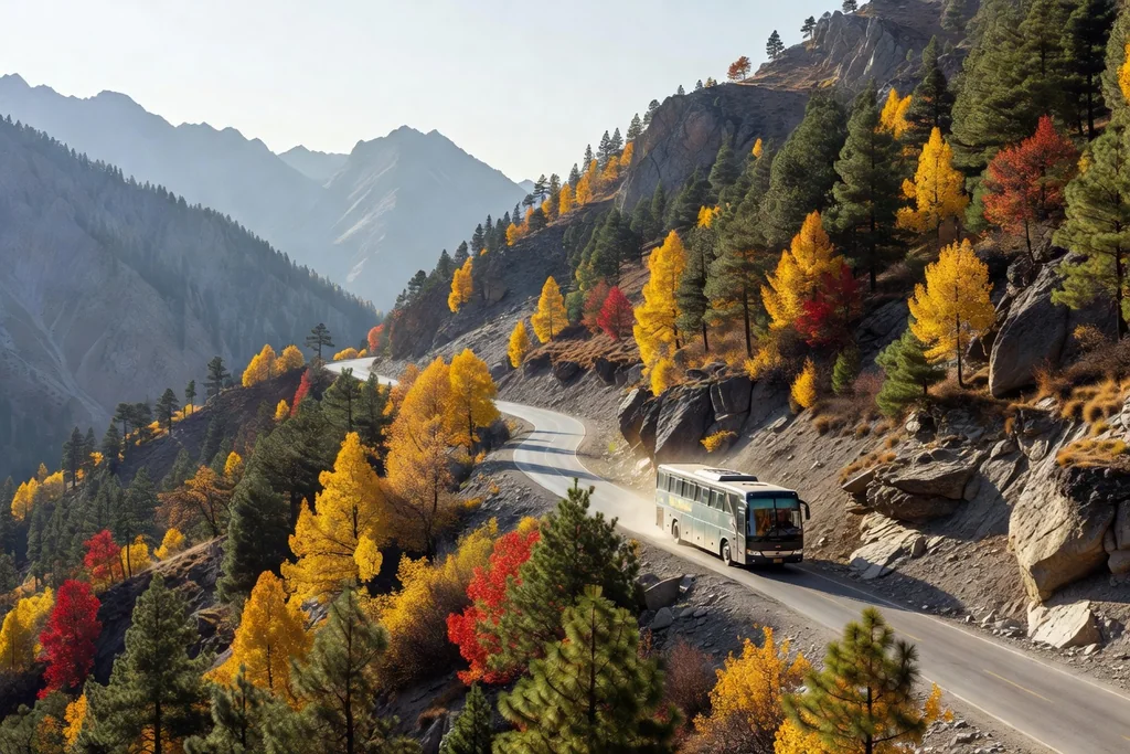 Intercity coach on a mountain road in northern Pakistan in clear weather
