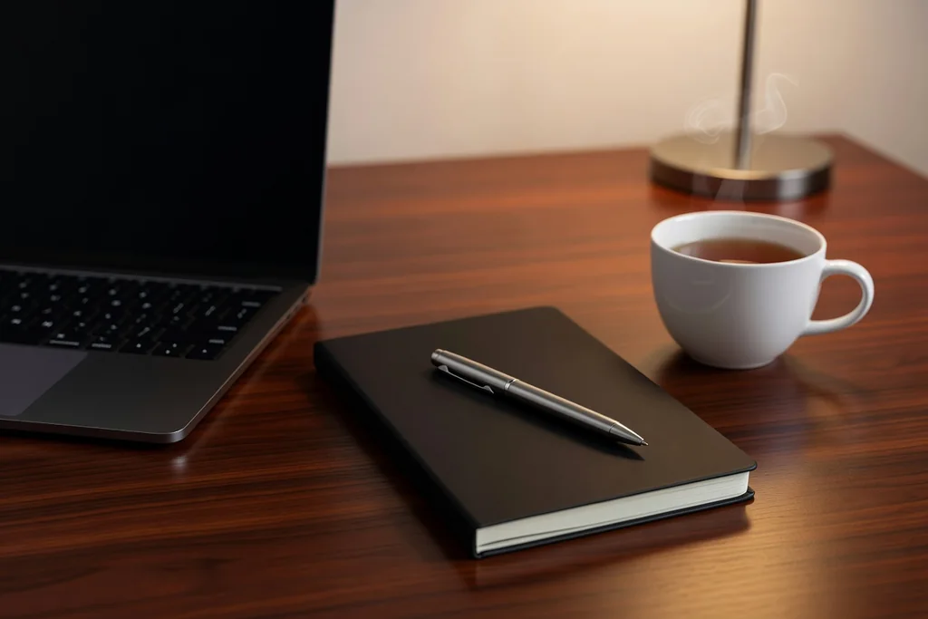 Notebook, pen and a cup of tea beside a laptop with a dark blank screen