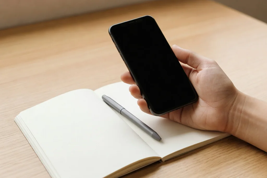 Hand holding a phone with a blank screen beside a notebook and pen on a wooden table