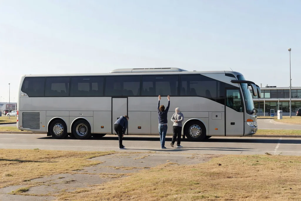 Intercity coach parked at a motorway service area while passengers take a short break