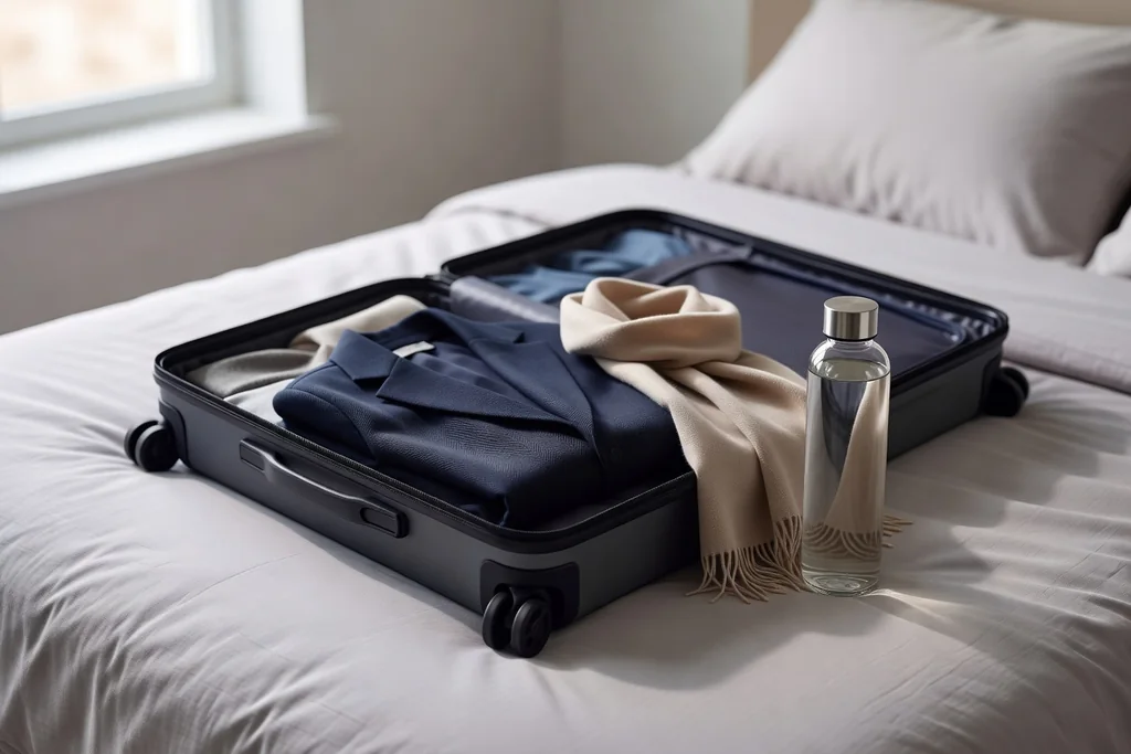 Neatly packed suitcase with a folded jacket, scarf and water bottle on a bed