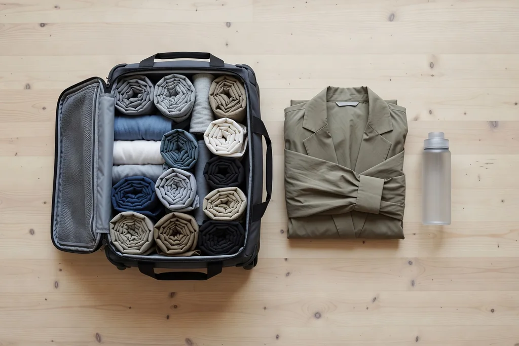 Open carry-on bag with folded clothes and travel essentials laid out on a floor