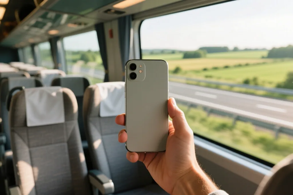 Smartphone showing an offline map beside a bus seat