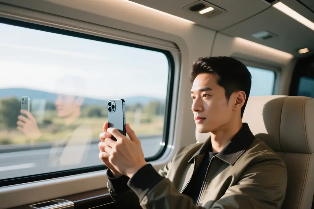 Passenger using a smartphone on board a Bilal Travels coach