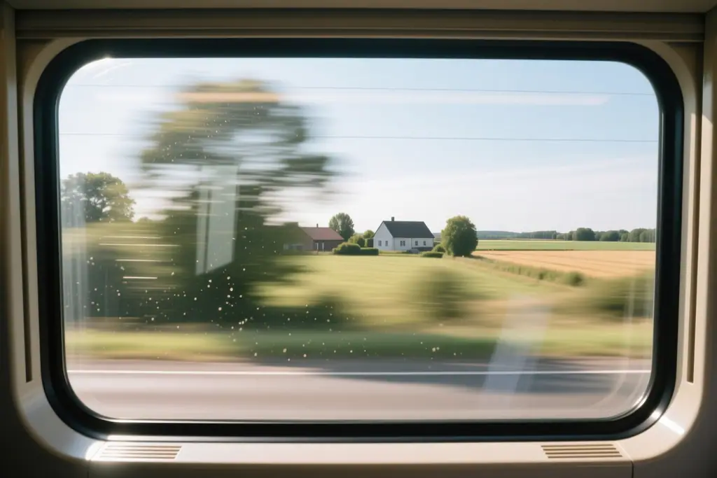 View through a coach window of countryside passing by at speed